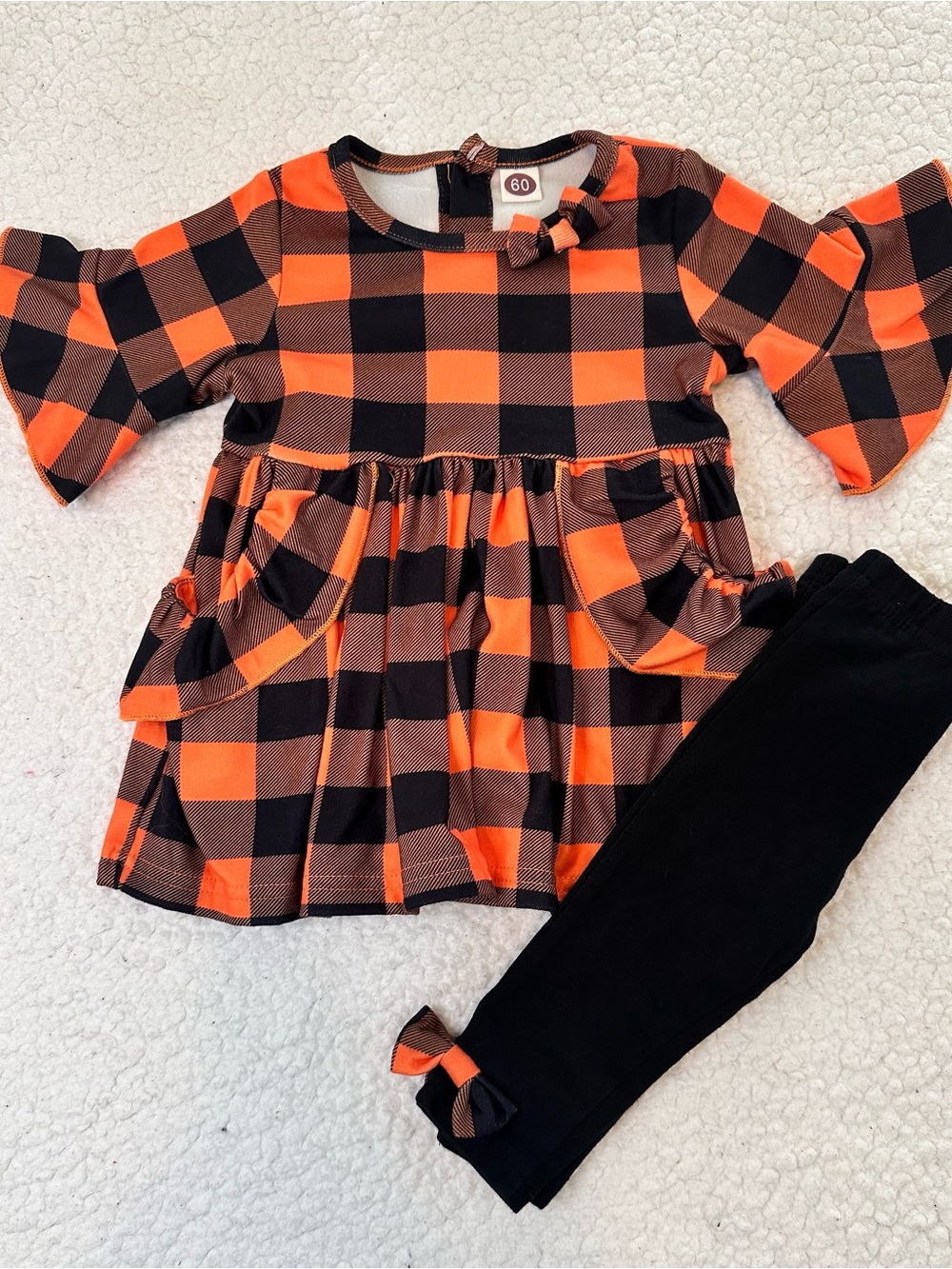 Amazon Orange & Black Plaid Ruffle-Sleeve Top with Black Leggings Set